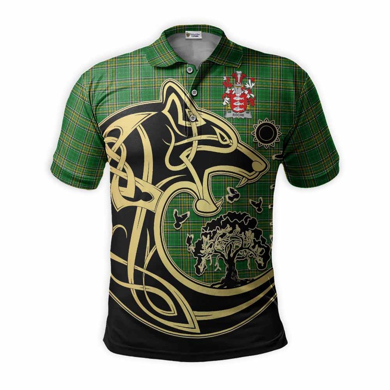 Roche Irish Tartan Polo Shirt with Coat of Arms Celtic Wolf Style