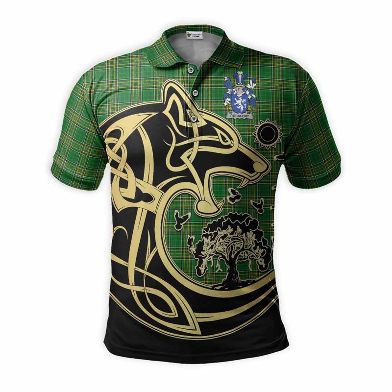 Rockfort Irish Tartan Polo Shirt with Coat of Arms Celtic Wolf Style